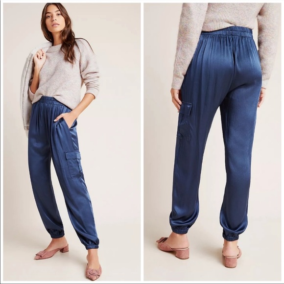 ANTHROPOLOGIE TINA+JO BLUE SATIN CARGO JOGGERS - Picture 2 of 4